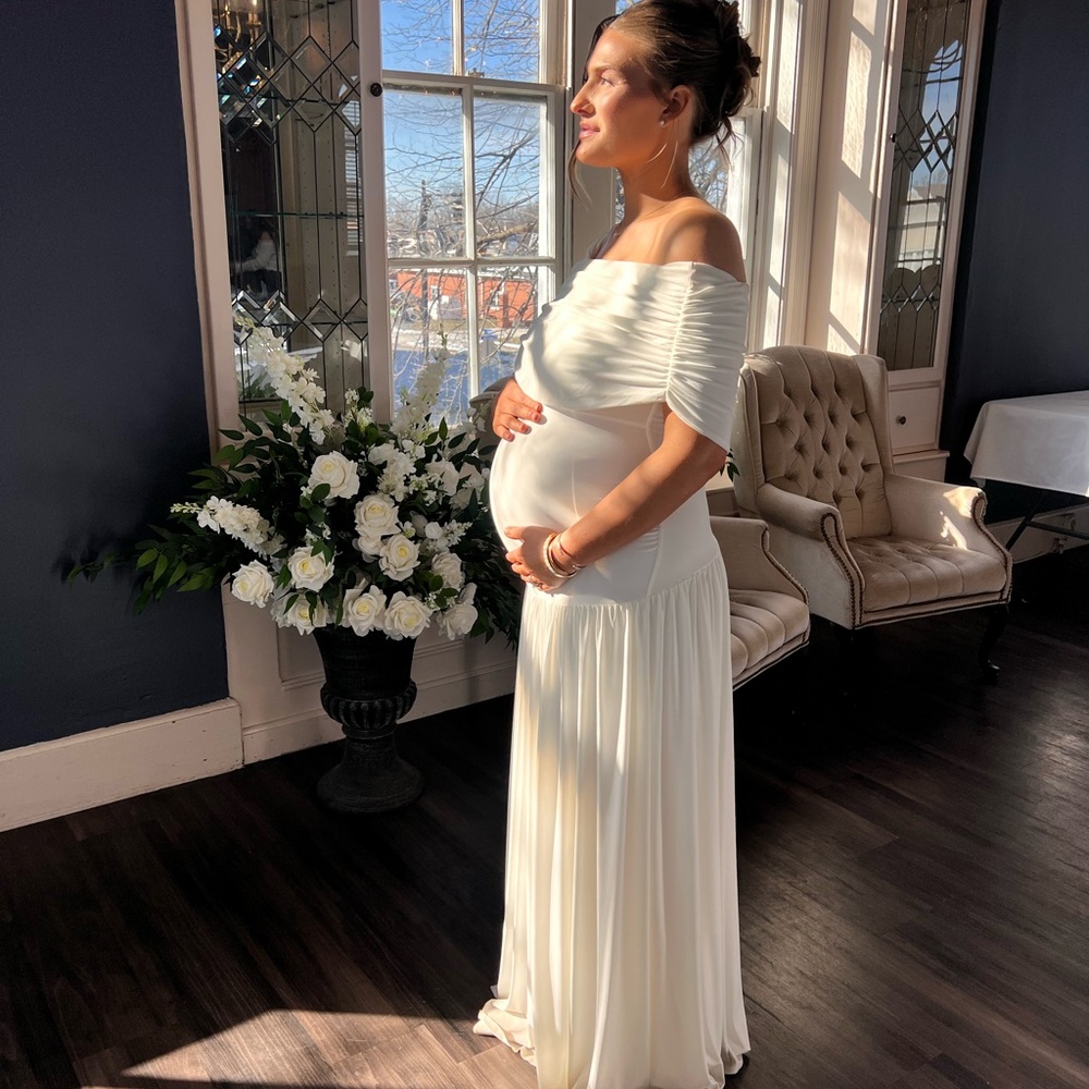White Asymmetric-Neck Maternity Maxi Dress With Drop-Waist - Picture 5 of 9